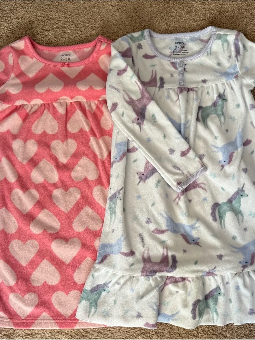 Carter's Pink Heart & White Unicorn Fleece Nightgowns with Ruffle Hem